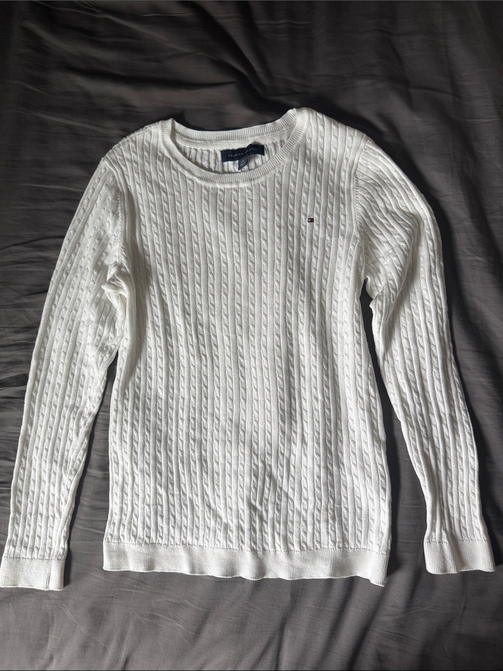Tommy Hilfiger White Cable-Knit Crewneck Sweater